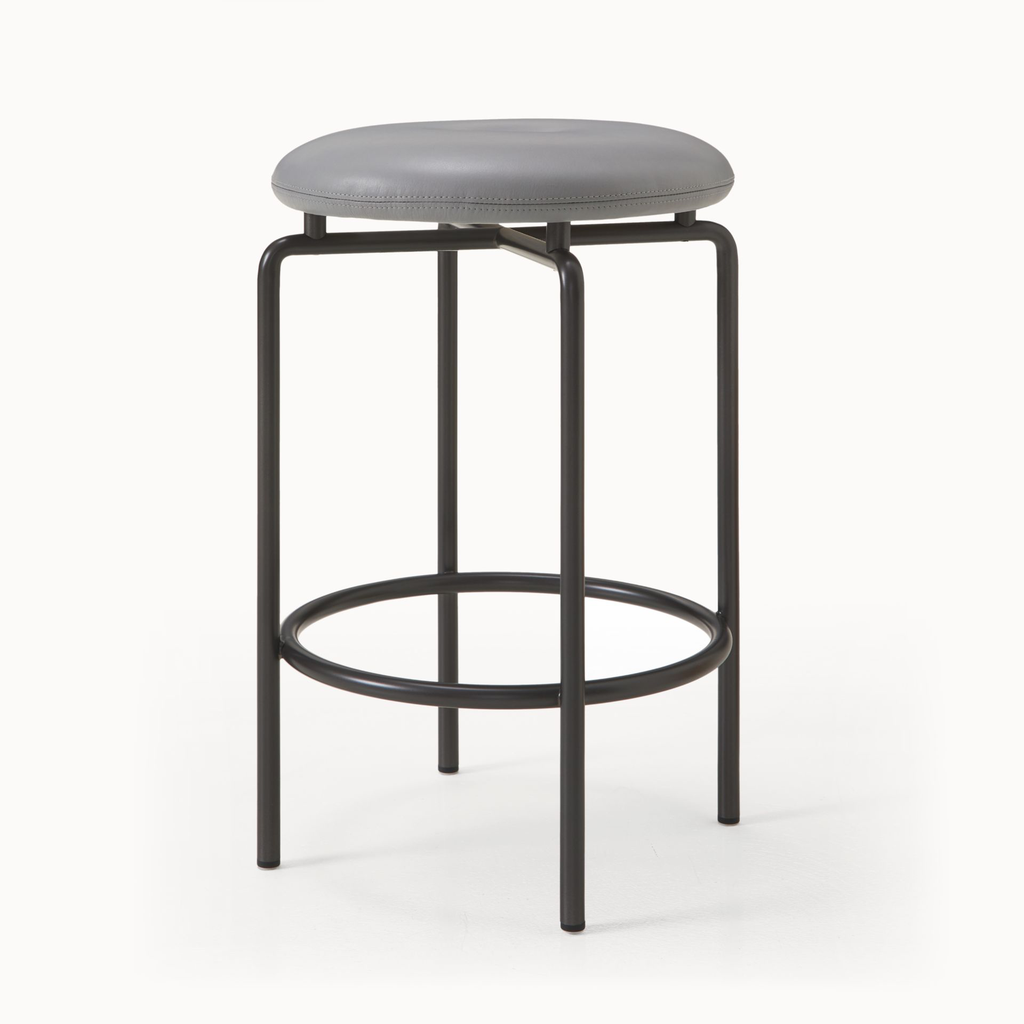 1x1BassamFellows_CB-262-MS-GM Circular Counter Stool in Gun Metal and Grade A leather Platinum.webp